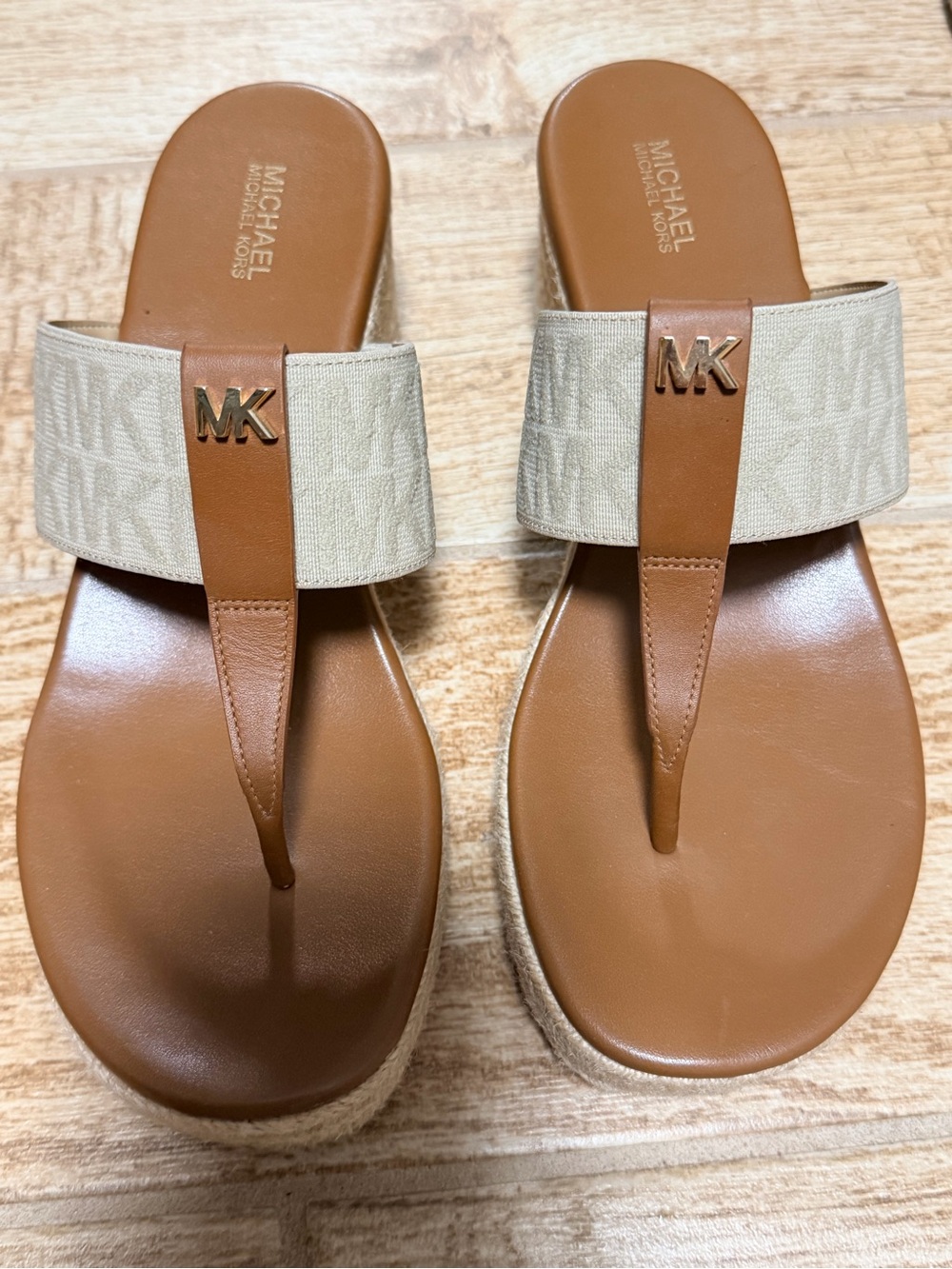 Michael Kors Brown Leather & Beige Logo Platform Thong Sandals